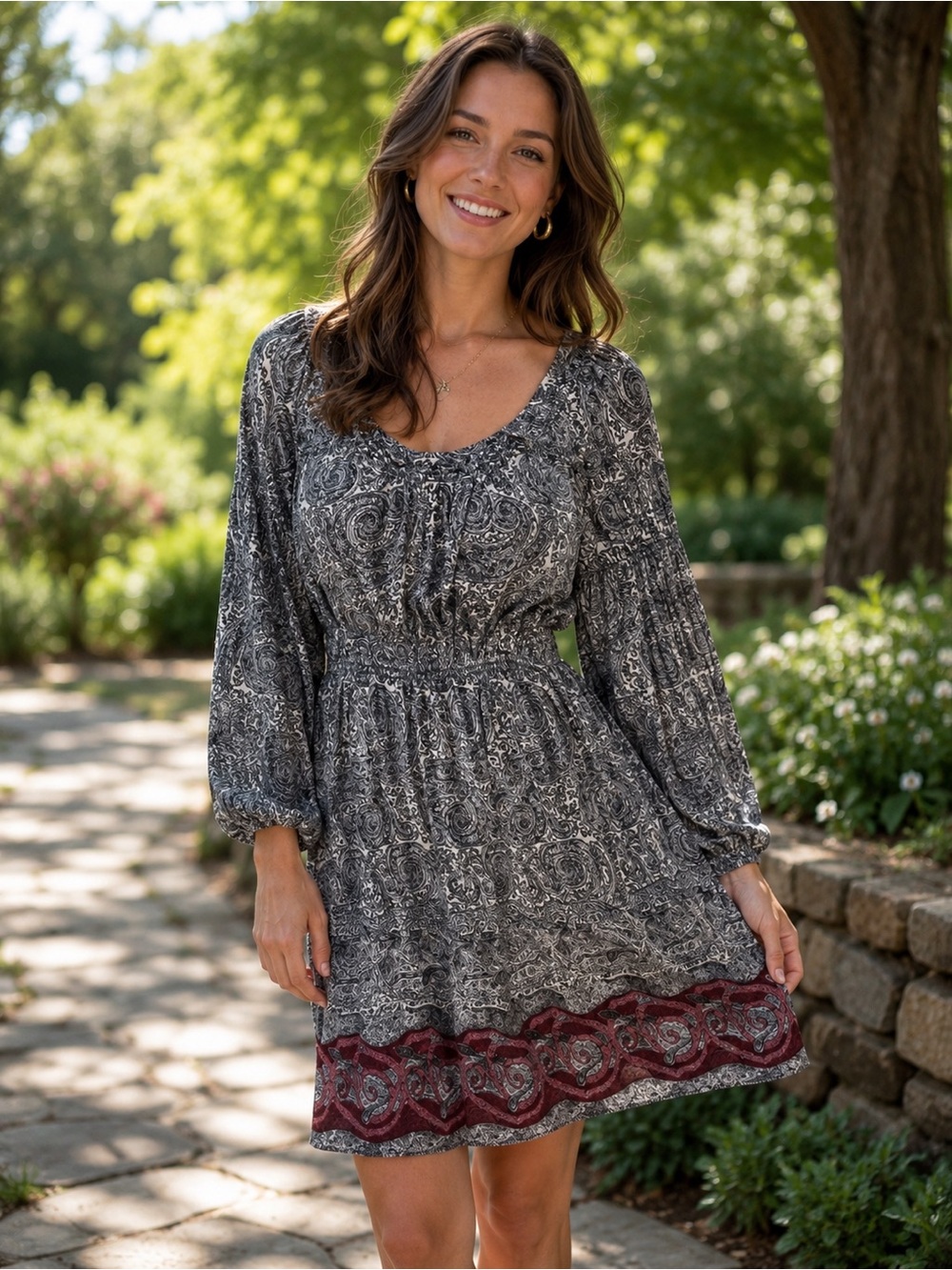 Max Studio Black Paisley Long Sleeve Dress with Burgundy Border
